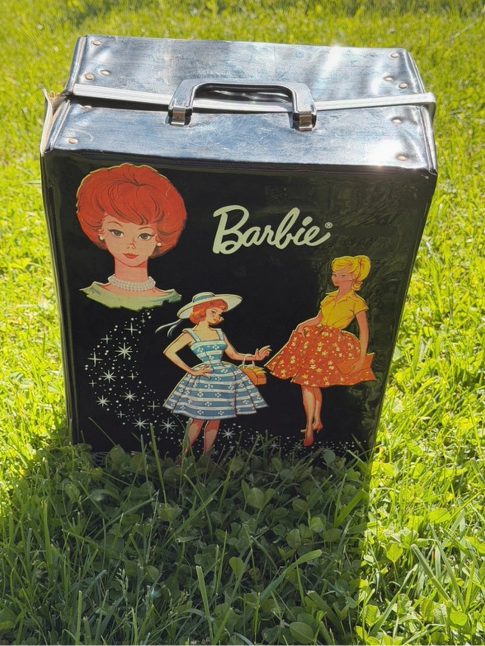 1964 vintage Barbie Black Hardcase Travel Bag with Retro Doll Illustrations